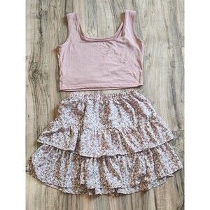 SHEIN Women's Pink Floral 2-Piece Tank & Skirt Set, Ruffle, Size M, Polyester